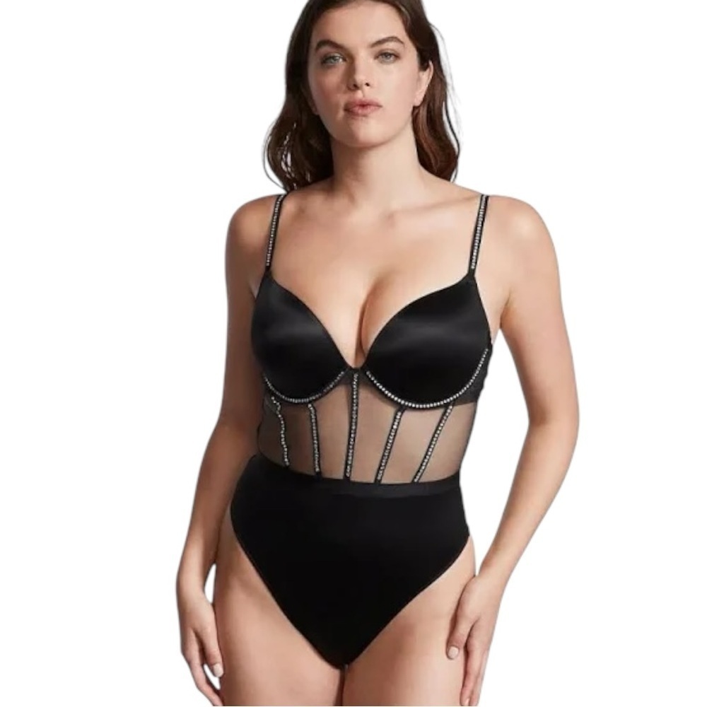 Victoria’s Secret Black Subtle Shine Push Up Teddy One Piece Womens XS